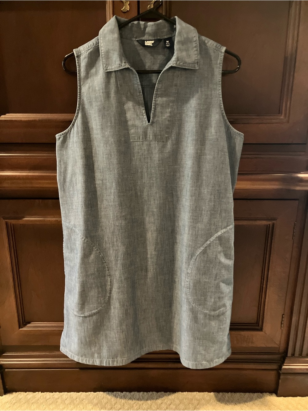 Lands' End Sleeveless Chambray Poplin Shift Dress in Denim Blue Sz M